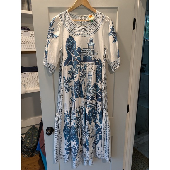 FARM Rio Ancient Garden‎ Midi Dress Women's Small Cotton Puff Sleeve Sz Medium - Picture 2 of 13